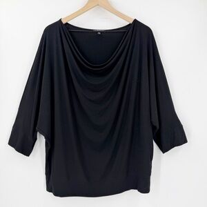 Eileen Fisher Stretch Knit Draped Neck 3/4 Sleeve L Top Black Elevated Basic